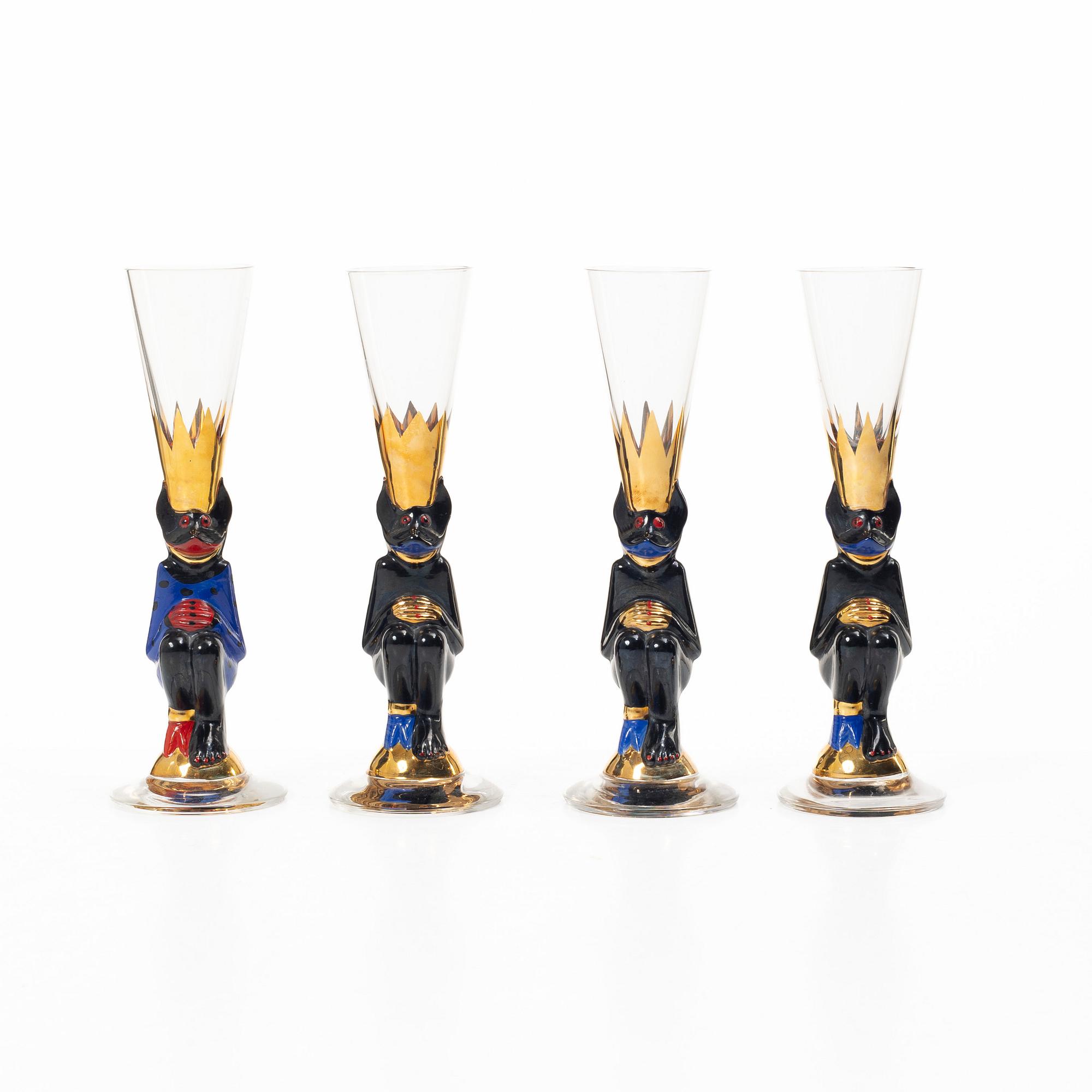 Gunnar Cyrén, four shot glasses, 'Djävulsglas', Nobel, Orrefors.