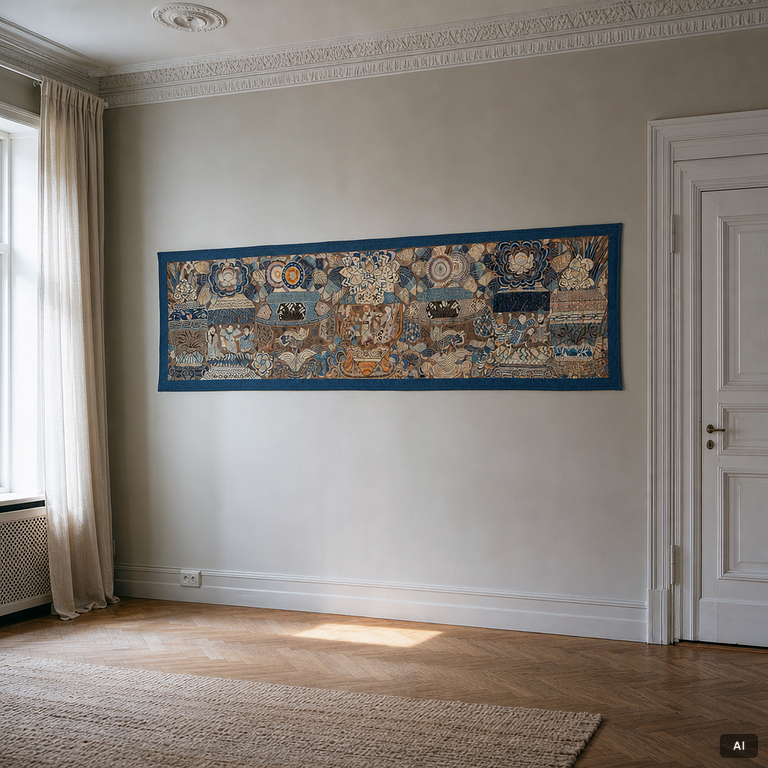 Antikt kinesiskt sidenbroderi, sen Qingdynasti, ca 300 x 88 cm.