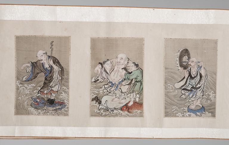 A scroll with 18 paintings representing the 18 Lohans, Qing dynasty, anonymous artist.