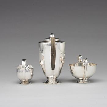 Johan Rohde, a set of three pieces of sterling coffee service, Georg Jensen, Copenhagen 1933-44, design nr 321 and 321A.