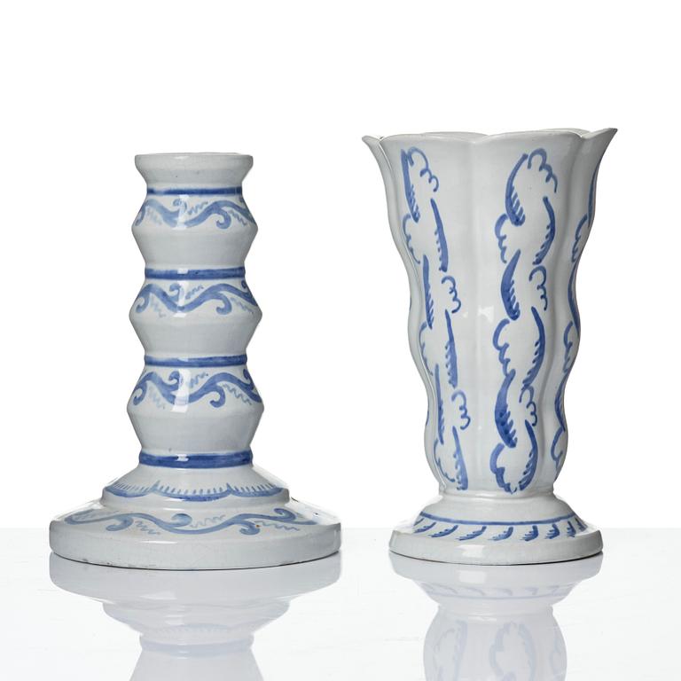 Wilhelm Kåge, Two earthenware vases, a lamp base and a jar with cover, Gustavsberg, Sweden, dated 1920.