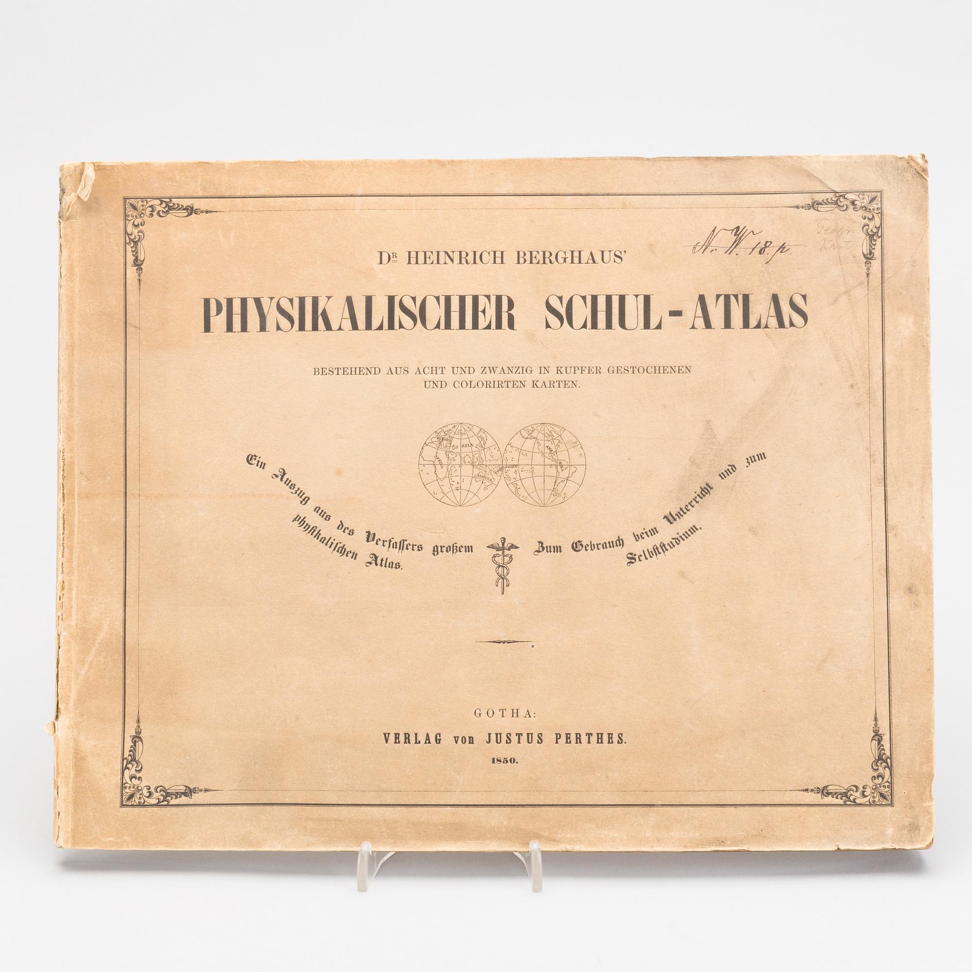 "Physikalischer schul-atlas by Dr Heinrich Berghaus. Utgiven verlag Justus Perthes 1850.