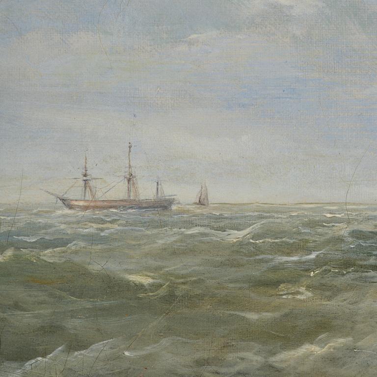 James Edwin Meadows, Sailing boats in rough weather by the coast with a lighthouse.