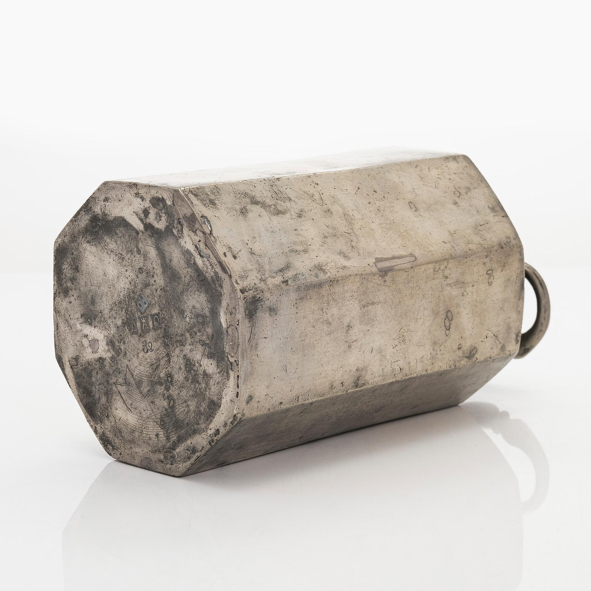 A pewter bottle, maker's mark of Daniel Rising, Turku, Finland, late 18th Century.