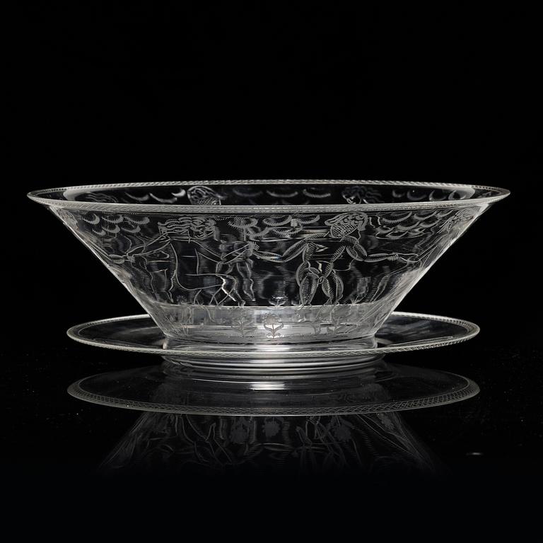 Edward Hald, an engraved glass bowl with plate, Orrefors, Sweden, 1926, model 305, engraved by Emil Goldmann.