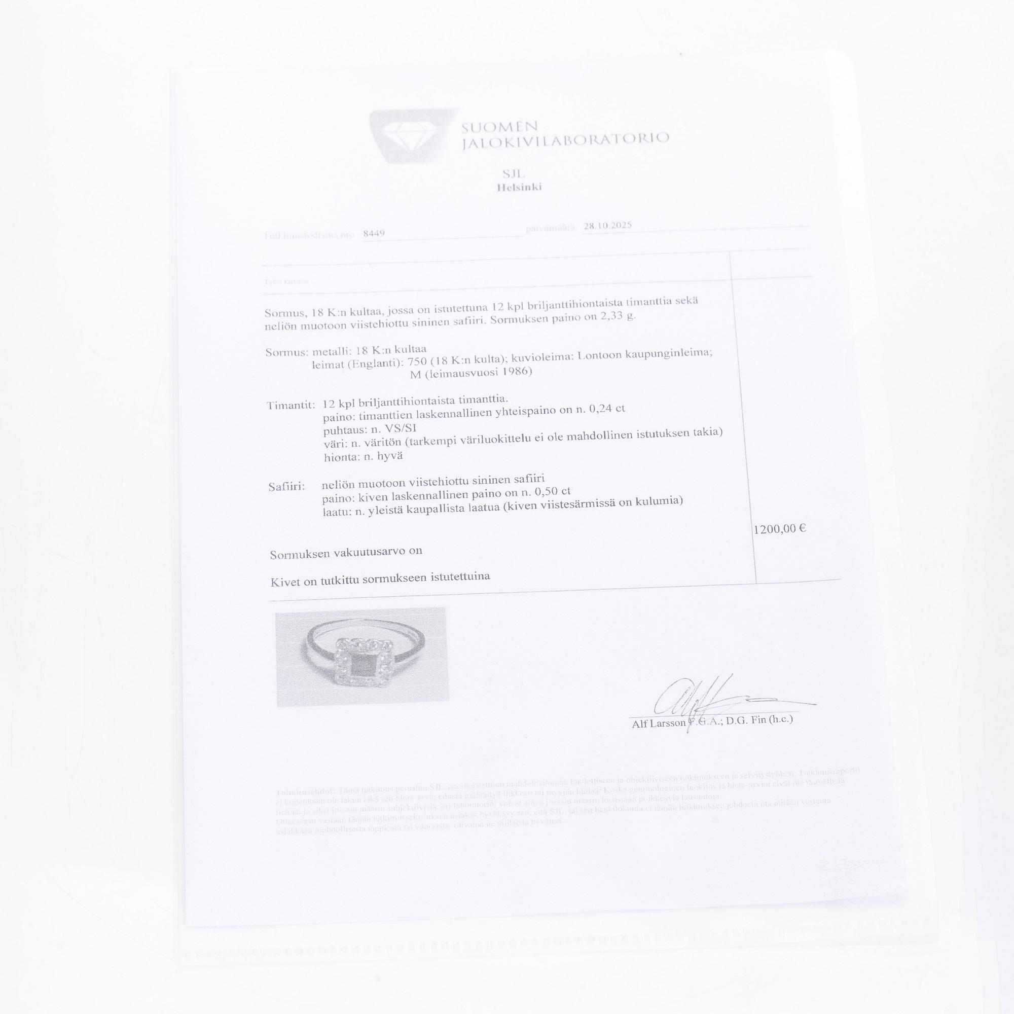 Ring, 18K guld, safir och briljantslipade diamanter, England.