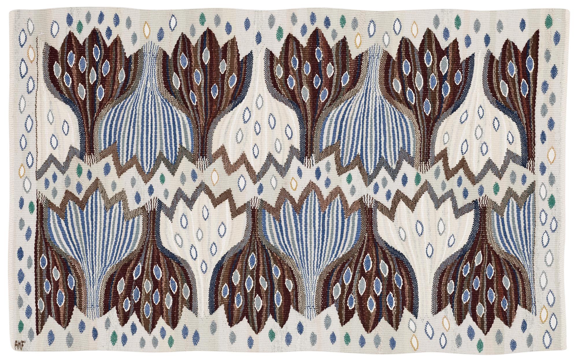 TAPESTRY. "Blå Crocus". Gobelängvariant (tapestry variation). 58,5 x 93,5 cm. Signed AMF.
