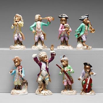 A set of eight figures from the 'Affenkapelle', after a model by Meissen, 20th Century.