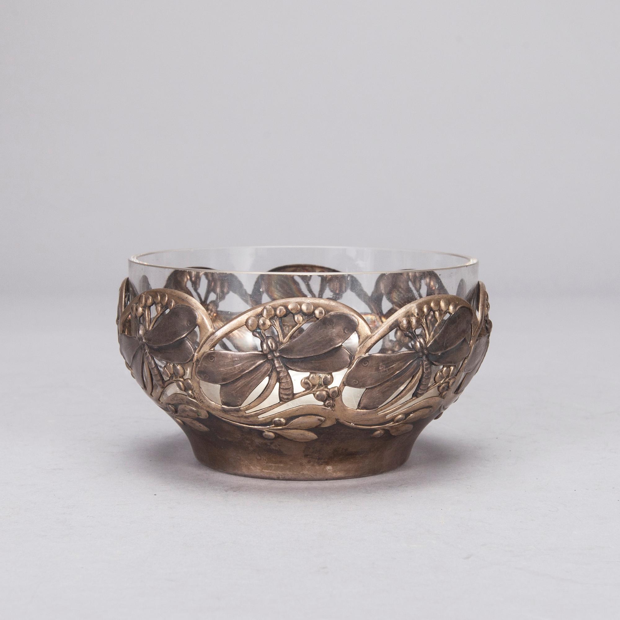 MOCCAKOPPAR, 10 st, och SKÅL, porslin, glas och försilvrad metall, jugend, stämplade WMF, tidigt 1900-tal.