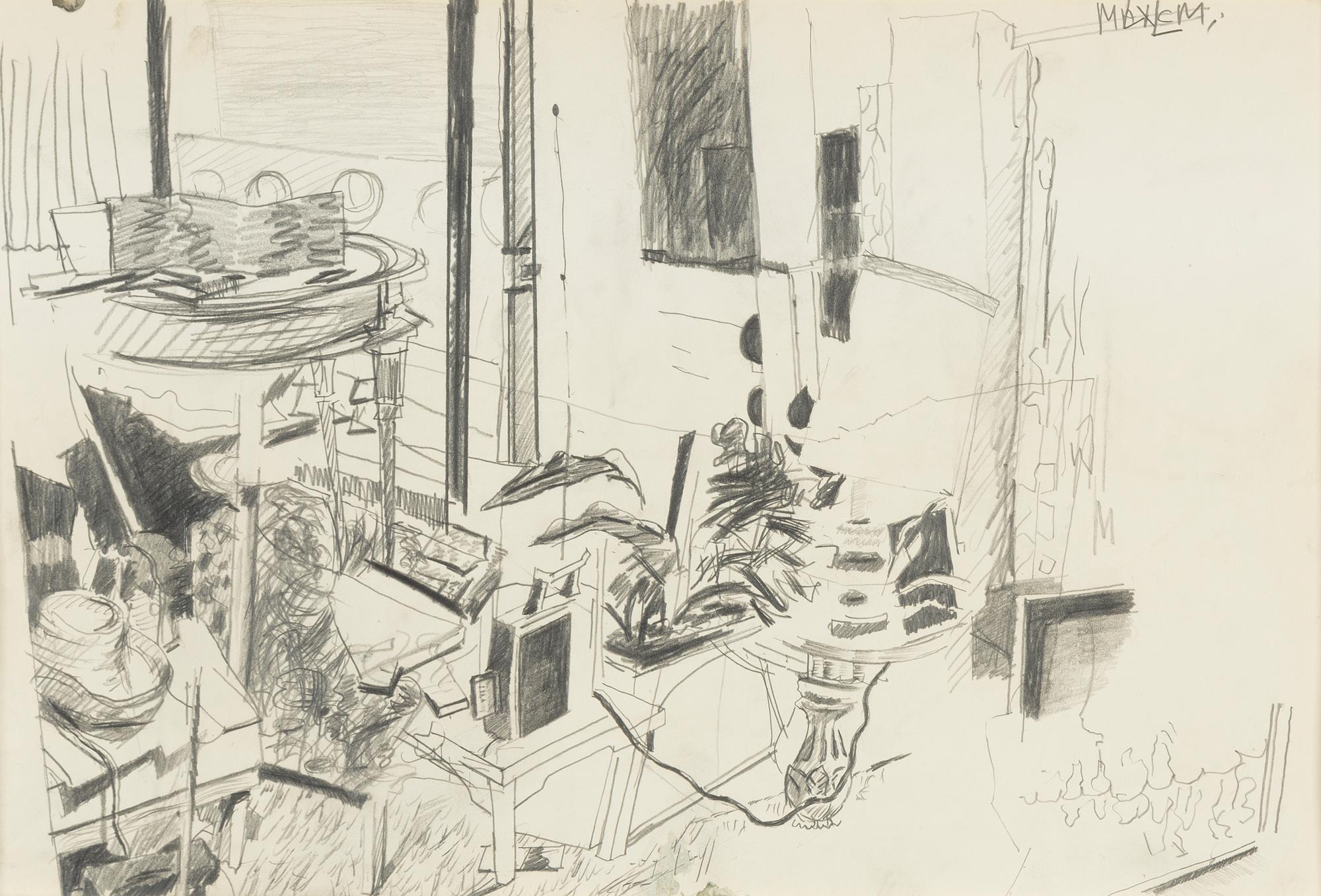 Malcolm Morley, blyerts/kol på papper, signerad, utförd på 1970-talet.