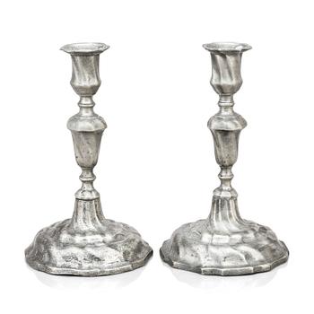 A pair of Rococo pewter candlesticks by B Ståhlström Kalmar 1762.