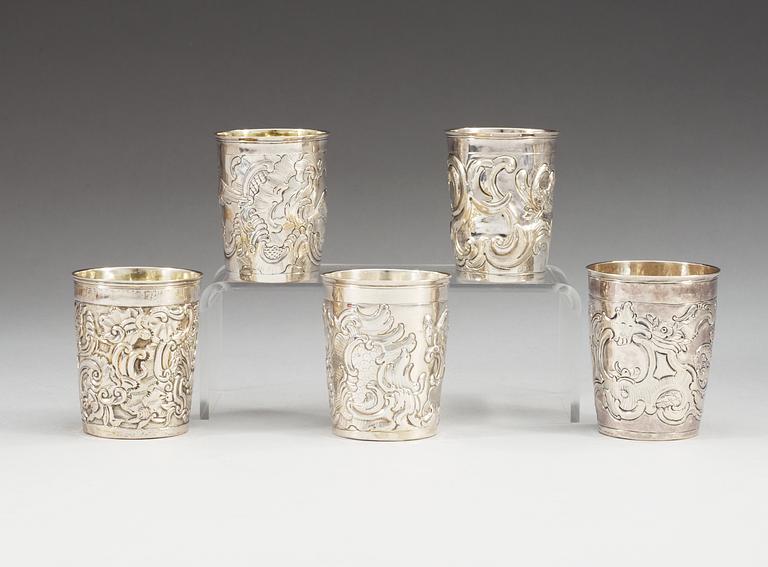 Five Russian 18th century silver beakers, marked Moscow.