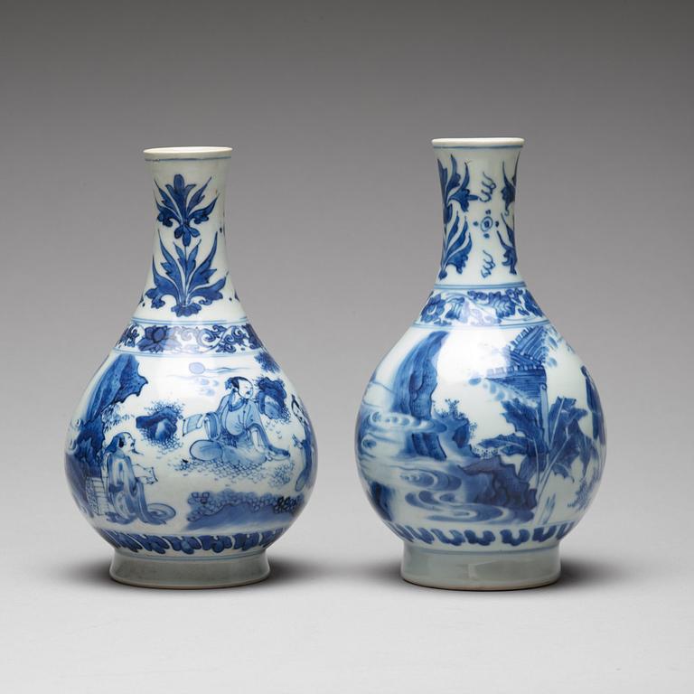 Two Transitional blue and white pear shaped vases, 17th Century.