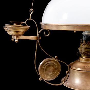 A jugend paraffin lamp, made for ceiling, beginning of the 20th century. Adjustable height ca 115- 140 cm.