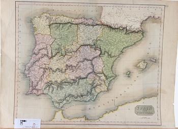 KARTA, kolorerad, 1800-tal. "SPAIN and PORTUGAL".