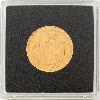 Guldmynt, Oscar II, 20 kronor, typ I, Sverige 1874.