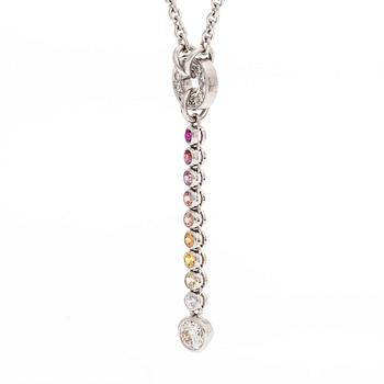 An 18K white gold necklace, set with brilliant-cut diamonds, a ruby, and sapphires. Kultaseppä Kulmala, Helsinki.