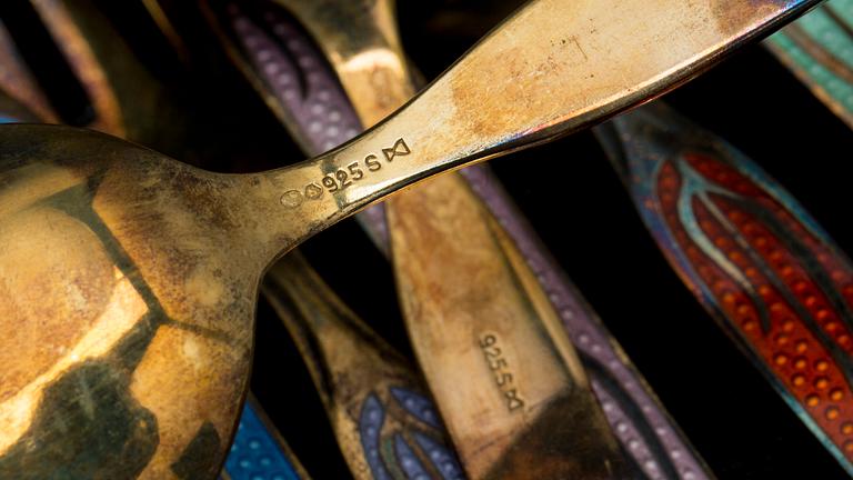 DESSERTBESTICK, 12 dlr, Norge, svenska importstämplar, sivler och emalj, vikt ca 348 g.