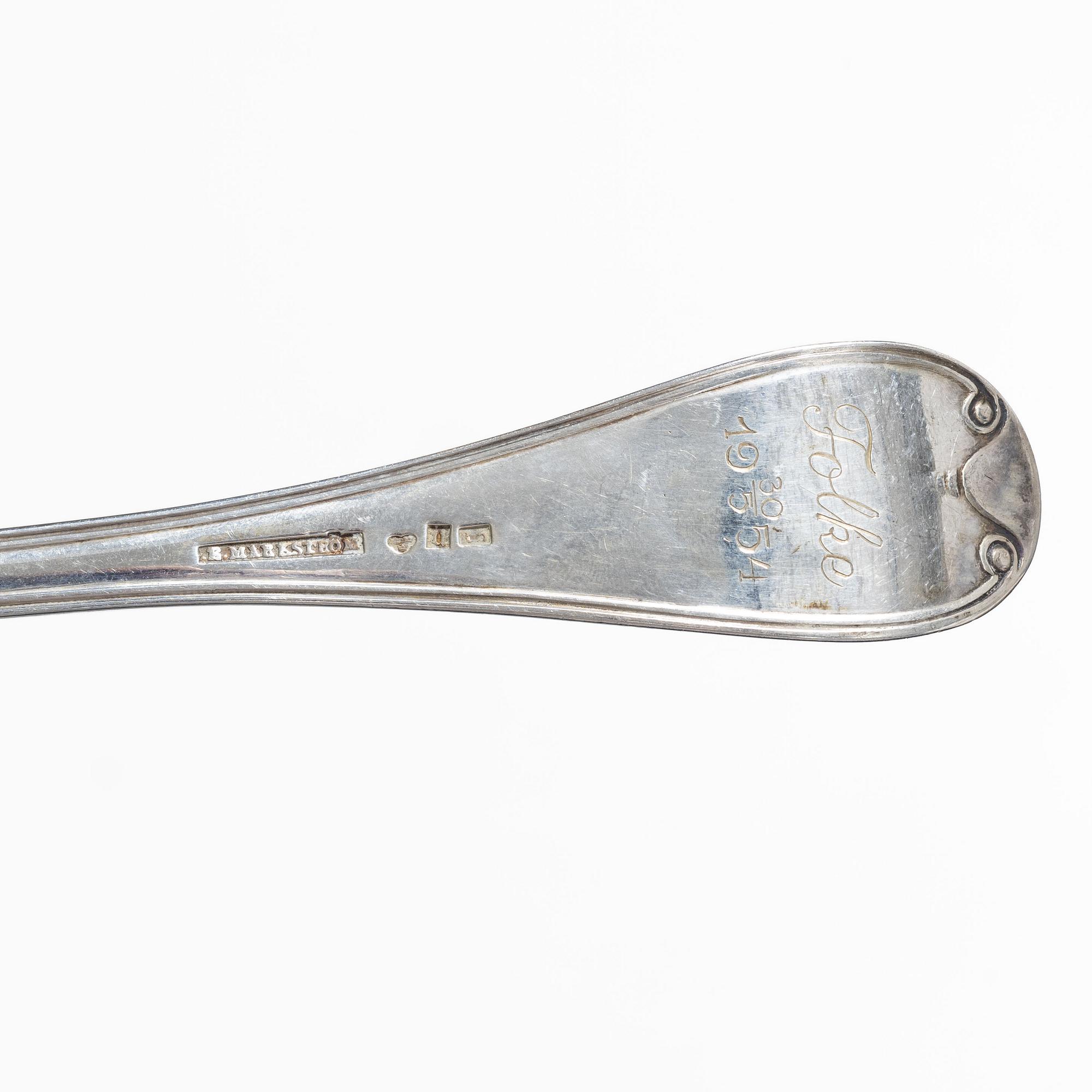 Tablespoons, 12 similar, silver, “French Lily”/“Old French”, 19th century, including Bror Erik Skogsborg, Eskilstuna, 1859.