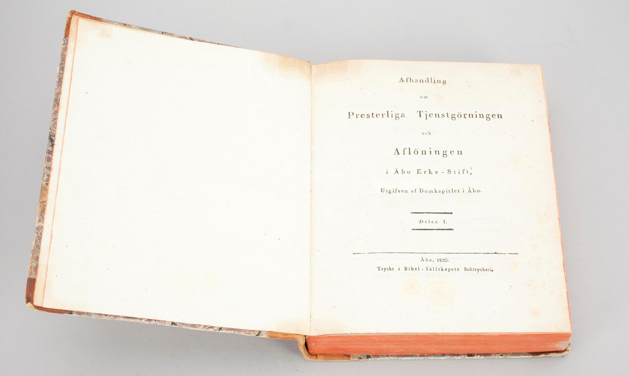 BOKSERIE 3+1 delar, Afhandling om Prestliga Tjenstgöringen och Aflöningen i Åbo Erke-Stift. 1820-22, 1825.