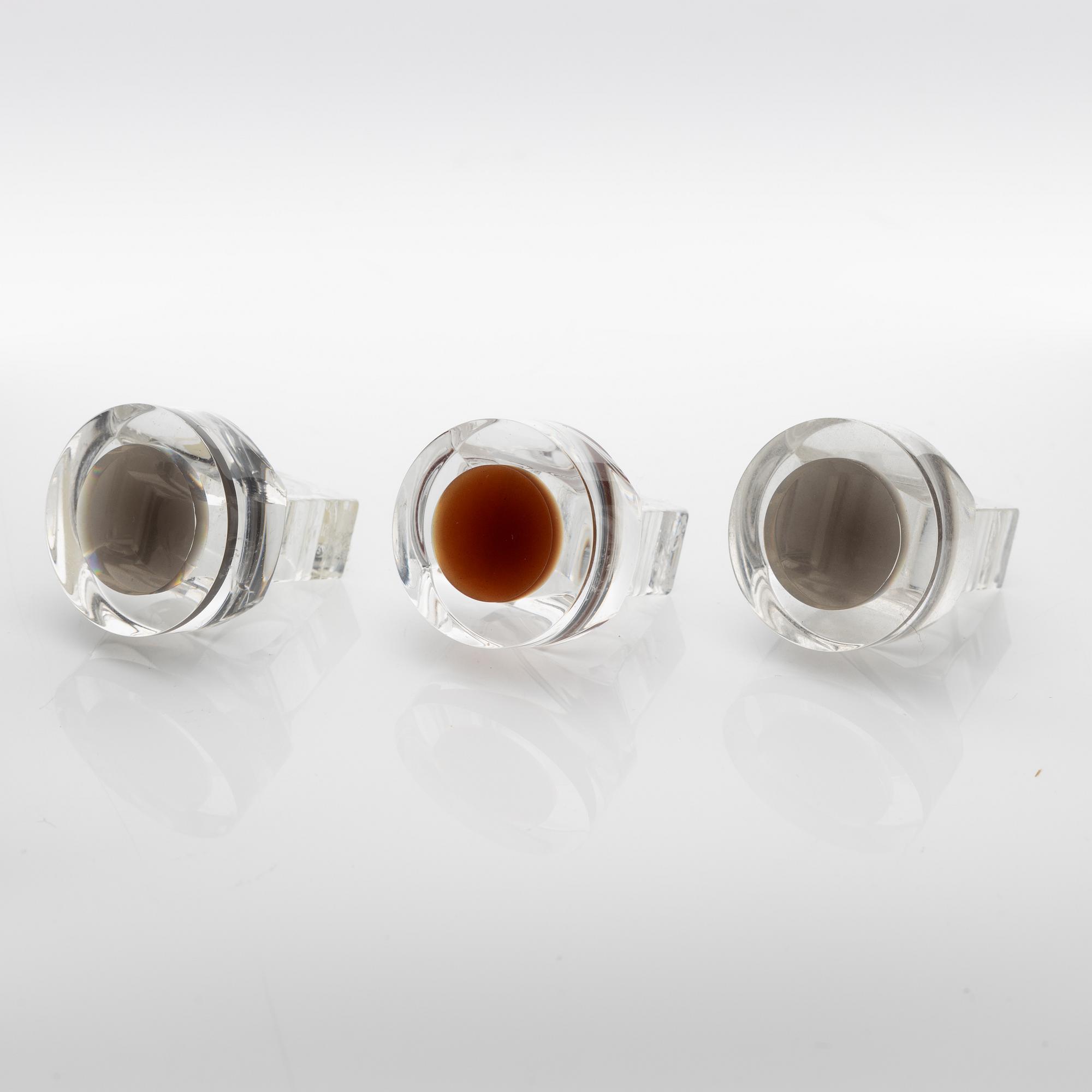 Siv Lagerström, three acrylic plastic rings. Engraved works from the 1970s.