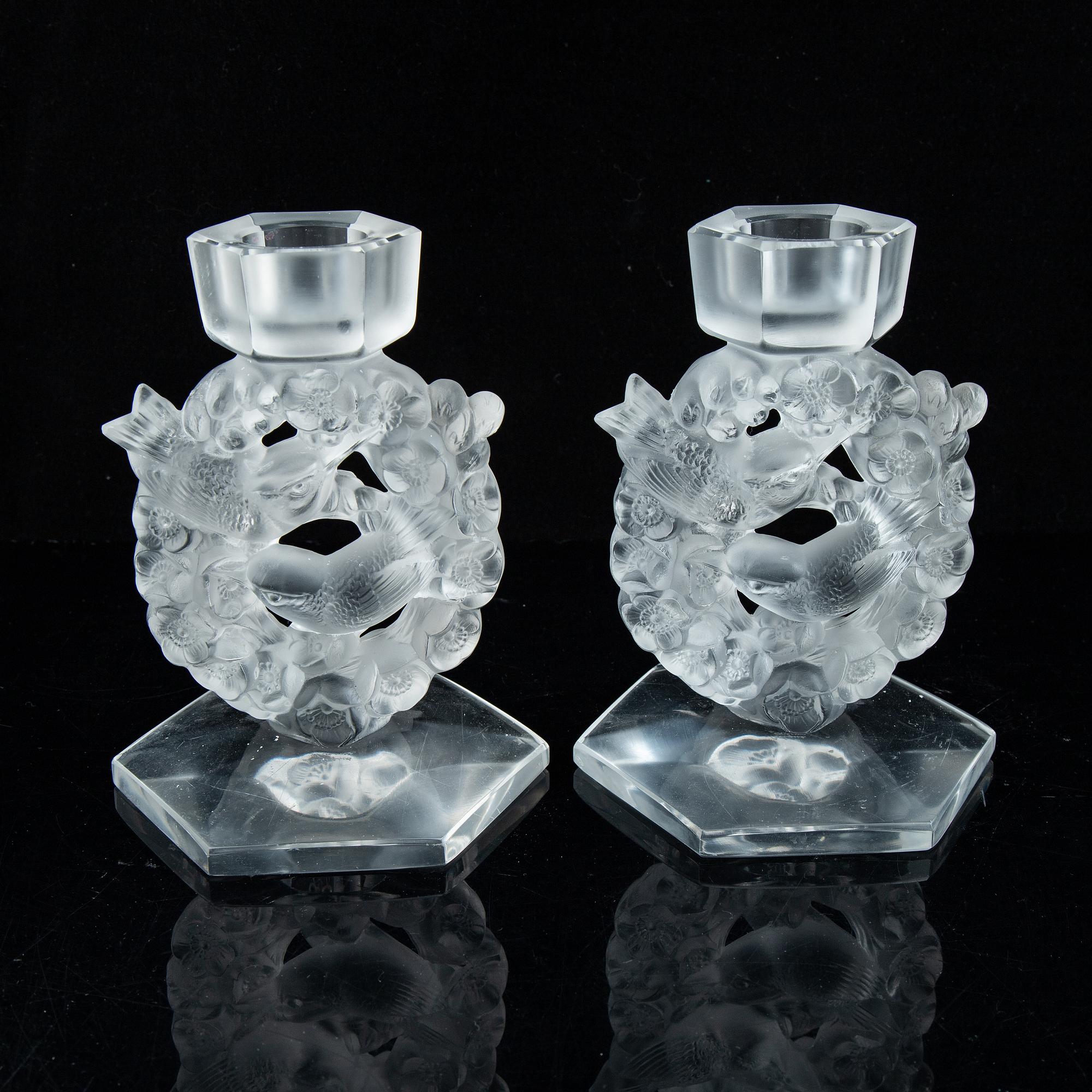 Lalique, a pair of glass candlestick, signed Lalique France, second half of the 20th century.
