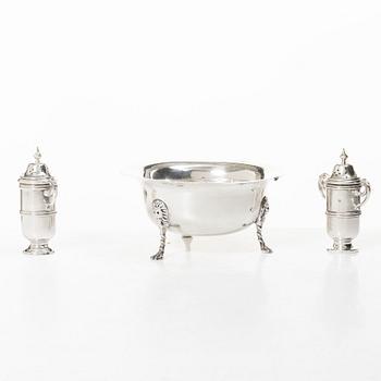 Bowl, along with salt and pepper shakers, silver, including mark of Wakely & Wheeler, Dublin 1910.