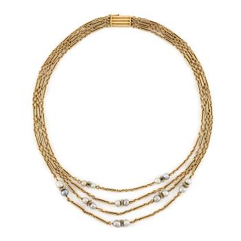 568. A W.A. Bolin necklace in 18K gold with pearls and white discs.