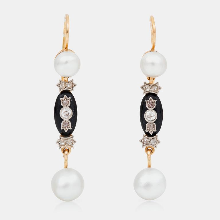 A pair of natural saltwater pearl, onyx and rose-cut diamond earrings.