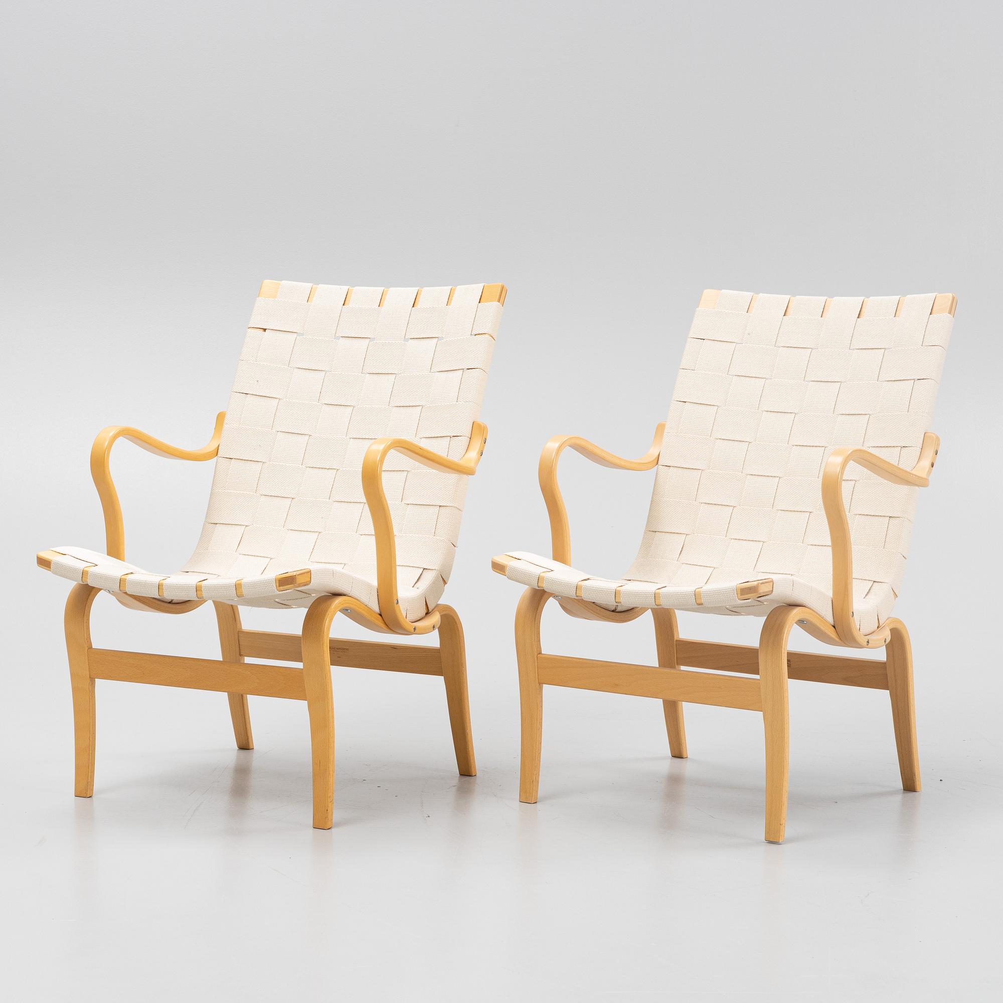 Bruno Mathsson, a pair of 'Eva' armchairs, Bruno Mathsson International, Värnamo, Sweden 2004.