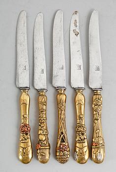 KNIVAR, 5 st, mässing och koppar, Japan, sent 1800-tal.