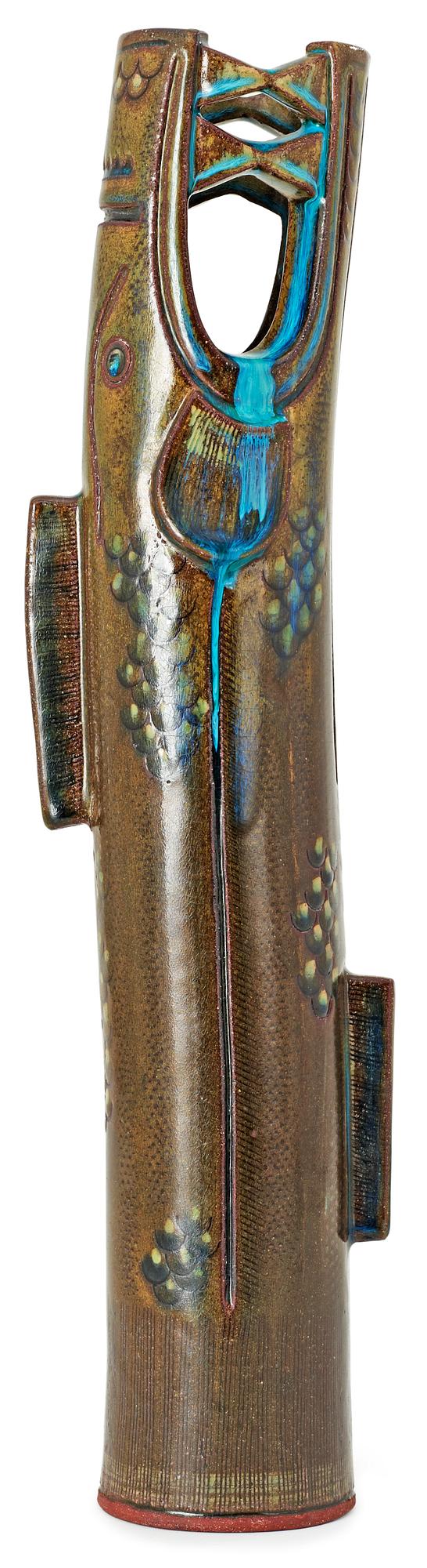 A Wilhelm Kåge 'Farsta' stoneware vase in the shape of a 'dragon fish', Gustavsberg studio 1955.