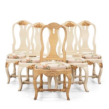 80. A set of five (3+2) rococo chairs attributed to J. E. Höglander (master in Stockholm 1777-1813).