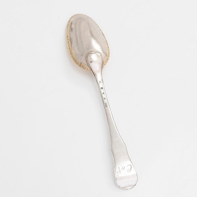 Six early 19th-century silver spoons, and a sprinkle spoon, mainly Tammisaari and Turku, Finland 1803-1820s.