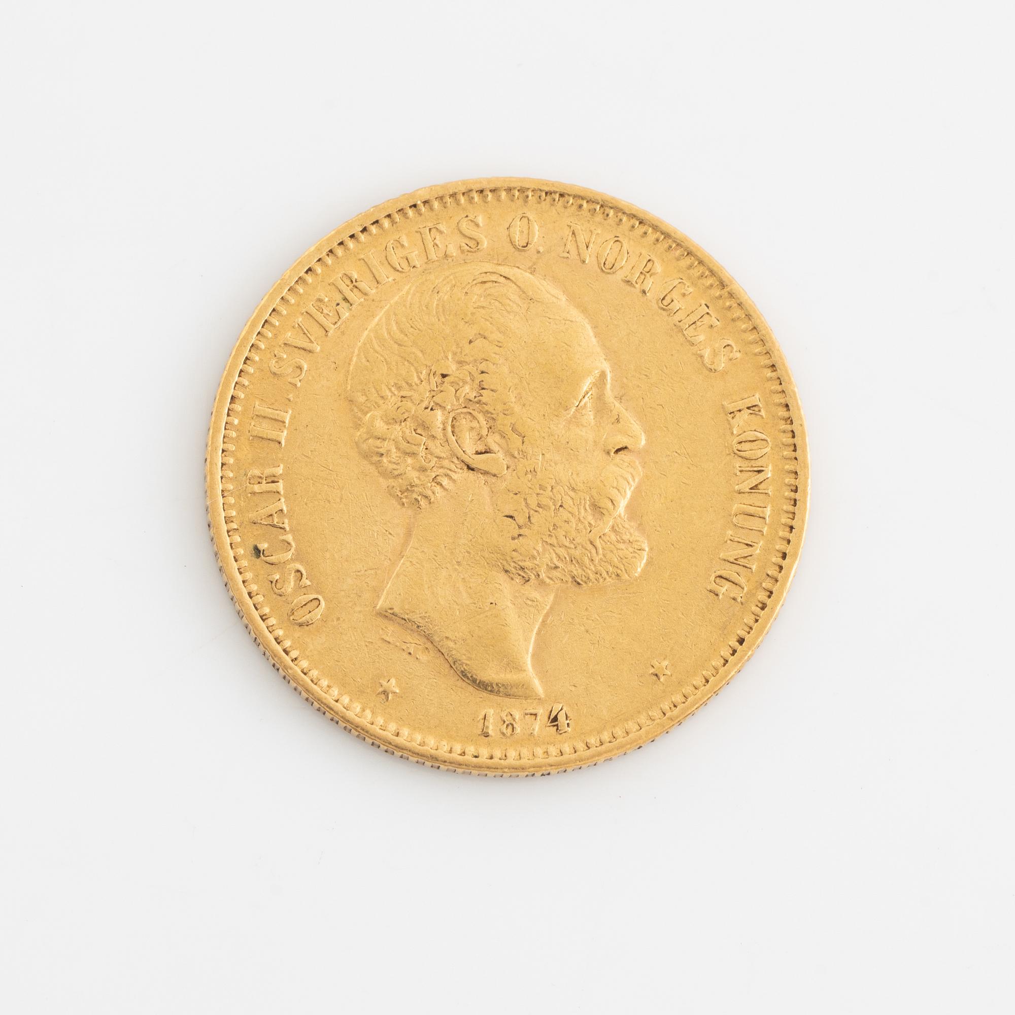 A Swedish goldcoin, 20 kronor, 1874.