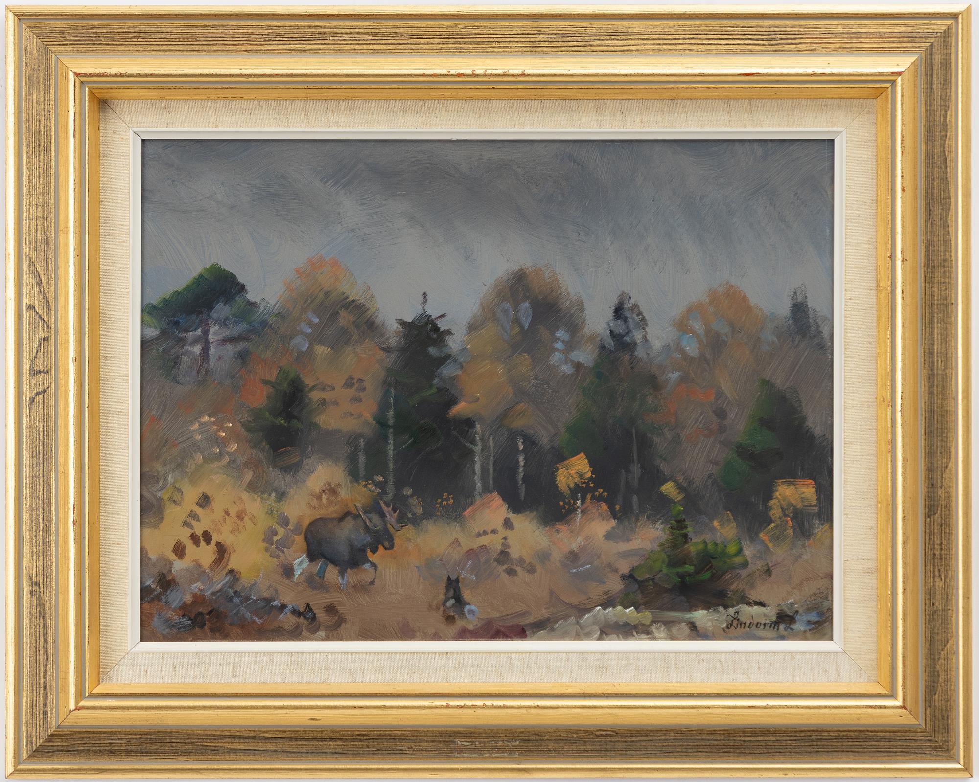 Lindorm Liljefors, Autumn landscape with moose and dog.