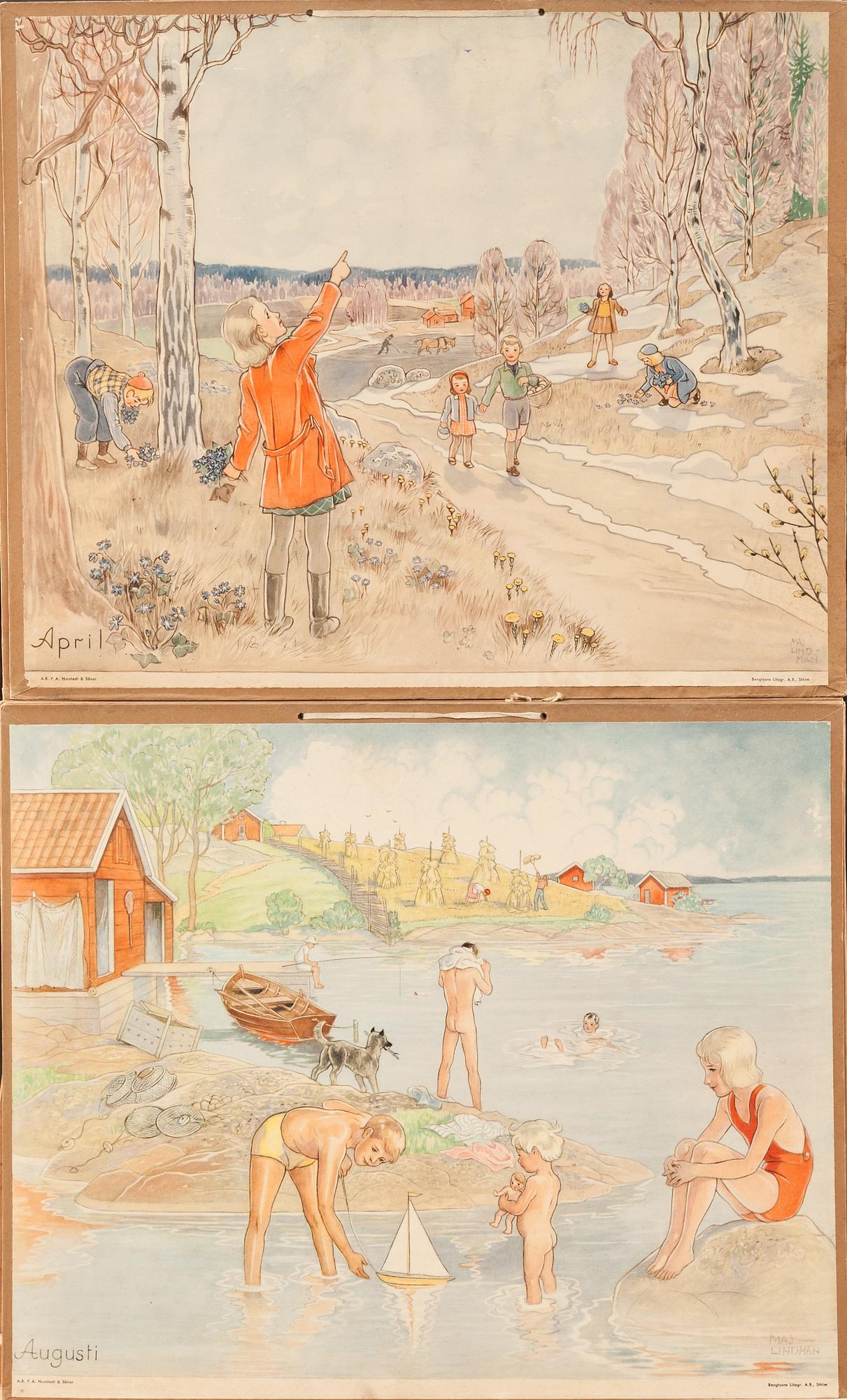 SKOLPLANSCHER, 12 st, Maj Lindman, P.A Norstedt & Söner.