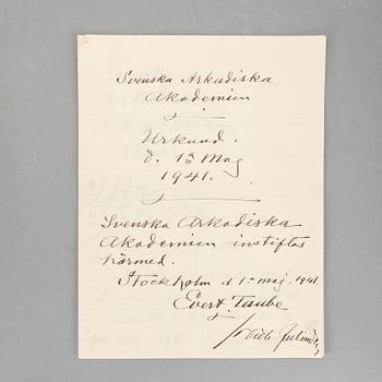 EVERT TAUBE (1890-1976), skämtsamt protokoll "Svenska Akademiska akademien", egenhändigt och sign, dat 1 maj 1941.