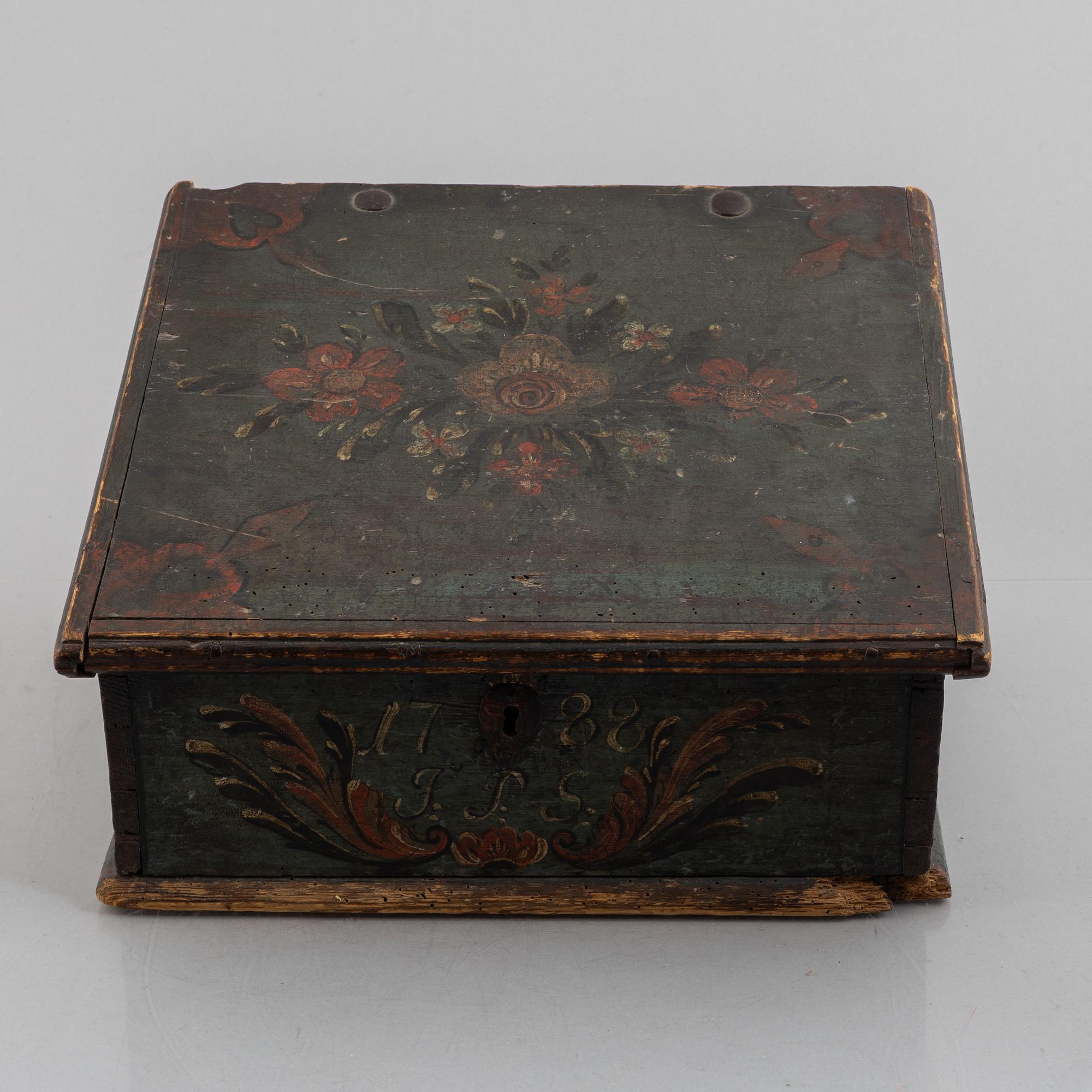 A Swedish polychrome-painted writing box, dated 1788.