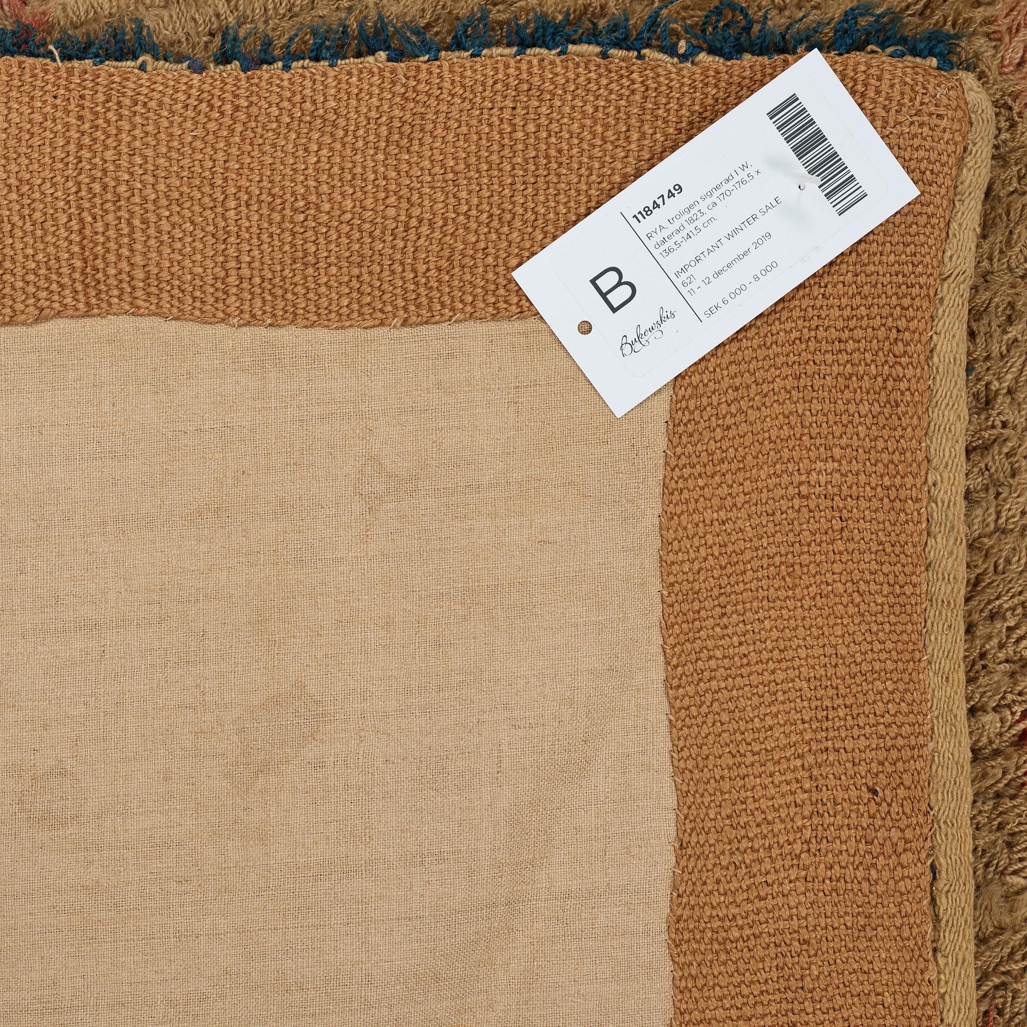 A RYA BED COVER, possibly signed I W, dated 1823, ca 170-176,5 x 136,5-141,5 cm.