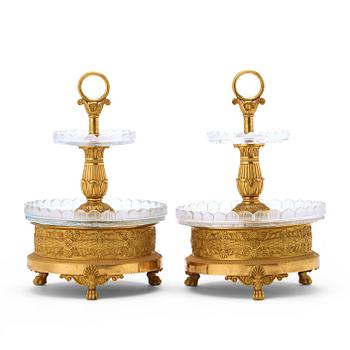 A pair of French Empire early 19th century gilt bronze and glass centre pieces by Pierre Philippe Thomire (1751–1843).