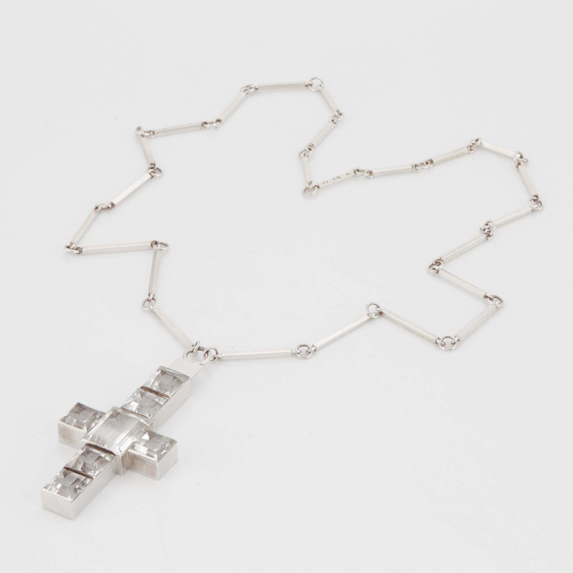 Wiwen Nilsson, a necklace with cross-shaped pendant, sterling with facet cut rock crystals, Lund Sweden 1938.