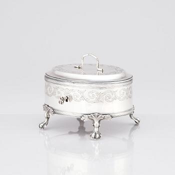 A silver suger bowl, marks of Johan Fredrik Wildt, Stockholm 1798, and a silver suger tong, Nils Arf, Stockholm 1799.