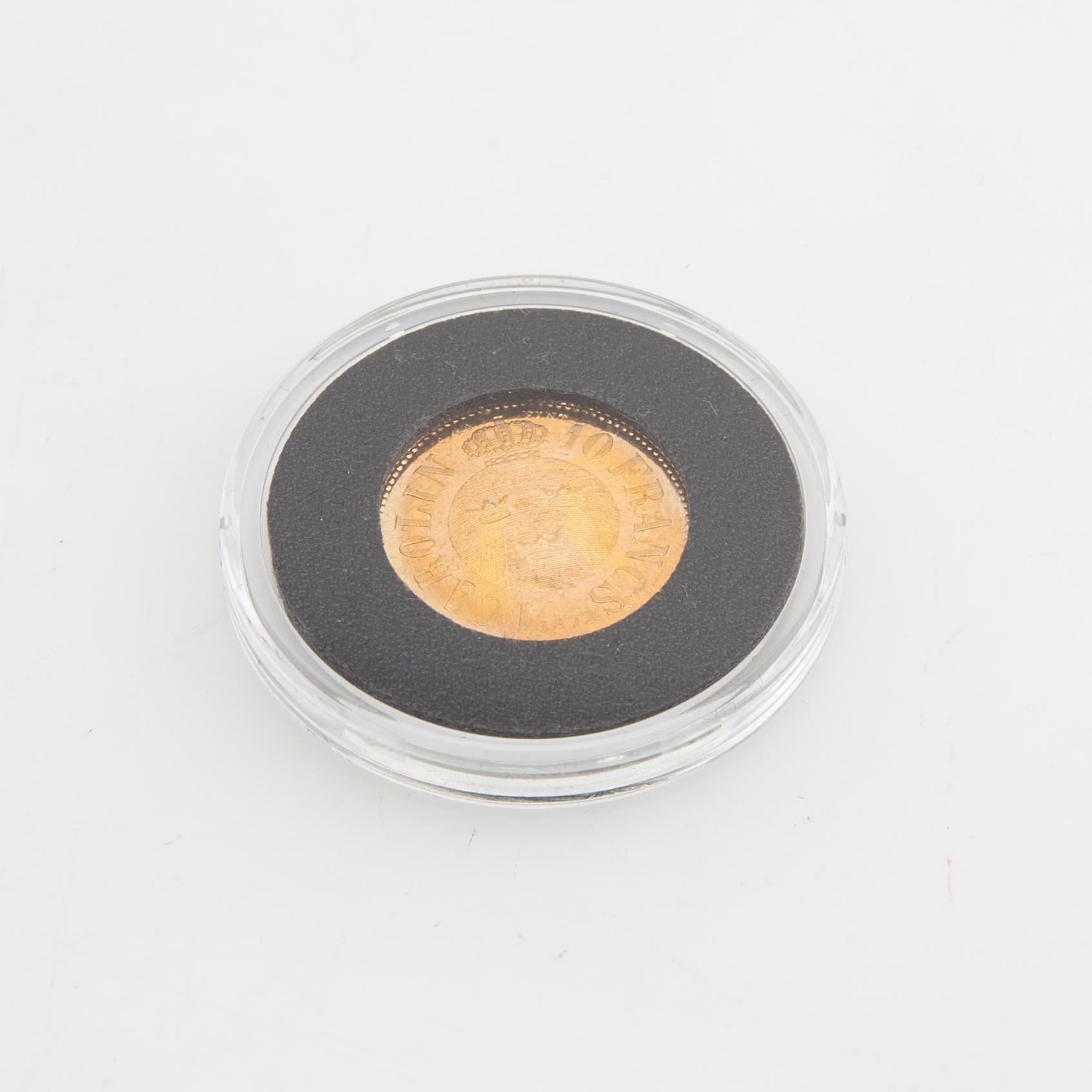 Guldmynt Sverige, Karl XV 1 Carolin 20 Francs, 1872.