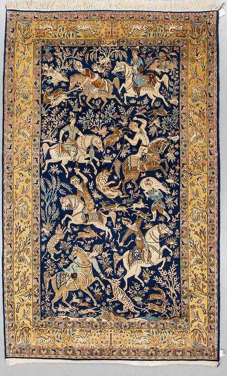 MATTO, an old Qum part silk figural, ca 278-283,5 x 168,5-171,5 cm (as well as 1 and 2 cm flat weave at the ends).