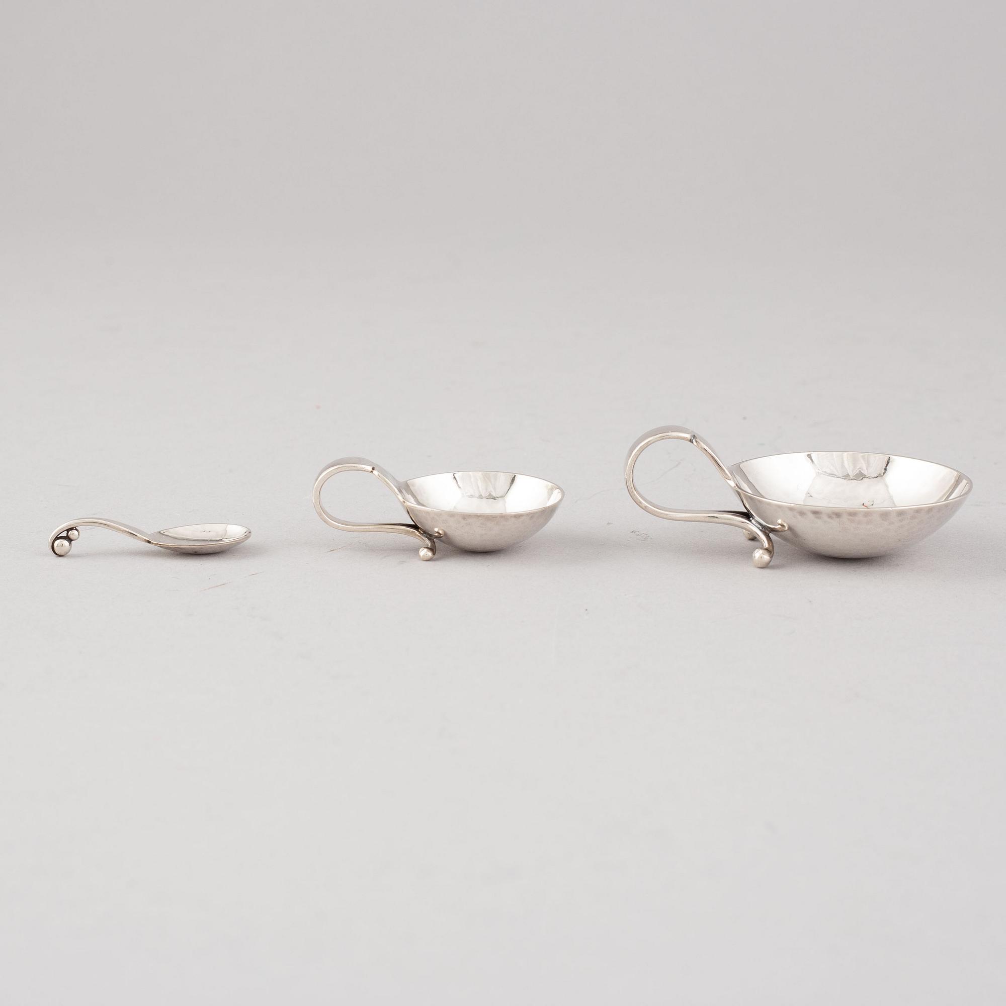 Georg Jensen, saltkar och småskedar, 6 st, sterling silver, Köpenhamn, 1900-talets mitt.