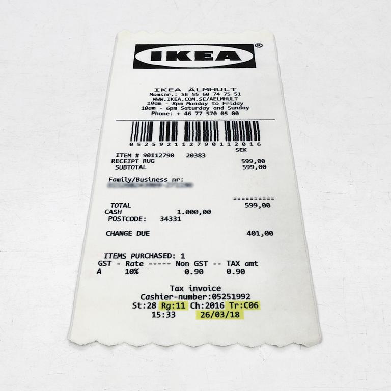 Virgil Abloh, a carpet, 'Kvitto' ('Receipt'), IKEA x Virgil Abloh, the 'MARKERAD' collection, c 197 x 90 cm.