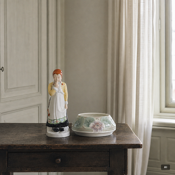 Hilma Persson-Hjelm, "Jössehärad", a porcelain figurine and an Art Nouveau bowl, Rörstrand, early 20th century.