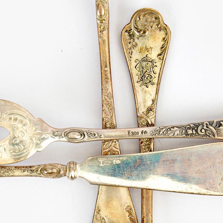 A 38 pcs 800/1000 silver fish cutlery, Gebr. Bernhard, around year 1900.