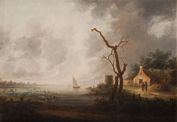 Francois van Knibbergen Hans efterföljd, Kustlandskap med segelbåt och figurer vid byggnad.